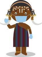 Character from Ethiopia-Mursi Tribe dressed in the traditional way and with surgical mask and latex gloves as protection against a health emergency vector
