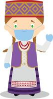 Character from Lithuania dressed in the traditional way and with surgical mask and latex gloves as protection against a health emergency vector