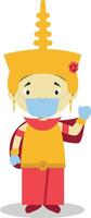 Character from Cambodia dressed in the traditional way and with surgical mask and latex gloves as protection against a health emergency vector