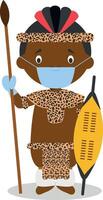 Character from South Africa. Zulu boy dressed in the traditional way of the Zulu tribe and with surgical mask and latex gloves as protection against a health emergency vector
