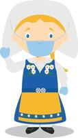 Character from Sweden dressed in the traditional way and with surgical mask and latex gloves as protection against a health emergency vector
