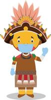Character from Papua New Guinea-Dani Tribe dressed in the traditional way and with surgical mask and latex gloves as protection against a health emergency vector