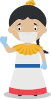 Character from Venezuela dressed in the traditional way and with surgical mask and latex gloves as protection against a health emergency vector