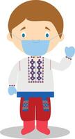 Character from Ukraine dressed in the traditional way and with surgical mask and latex gloves as protection against a health emergency vector