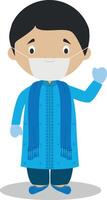Character from Bangladesh dressed in the traditional way and with surgical mask and latex gloves as protection against a health emergency vector
