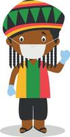 Character from Jamaica dressed in the traditional way with dreadlocks and with surgical mask and latex gloves as protection against a health emergency vector