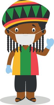 Character from Jamaica dressed in the traditional way with dreadlocks and with surgical mask and latex gloves as protection against a health emergency