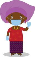 Character from Nigeria dressed in the traditional way with a gele and with surgical mask and latex gloves as protection against a health emergency vector