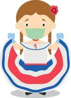 Character from Costa Rica dressed in the traditional way and with surgical mask and latex gloves as protection against a health emergency vector