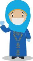 Character from Bahrain dressed in the traditional way and with surgical mask and latex gloves as protection against a health emergency vector