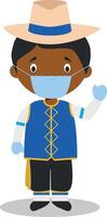 Character from Barbados dressed in the traditional way and with surgical mask and latex gloves as protection against a health emergency vector