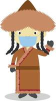 Character from Mongolia dressed in the traditional way and with surgical mask and latex gloves as protection against a health emergency vector