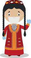 Character from Turkmenistan dressed in the traditional way and with surgical mask and latex gloves as protection against a health emergency vector