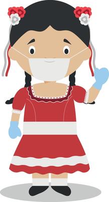 Character from Chile dressed in the traditional way and with surgical mask and latex gloves as protection against a health emergency