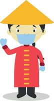 Character from China dressed in the traditional way and with surgical mask and latex gloves as protection against a health emergency vector