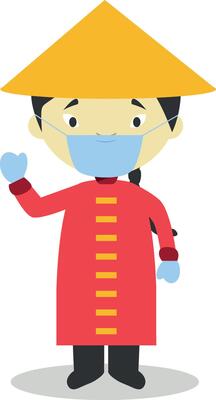 Character from China dressed in the traditional way and with surgical mask and latex gloves as protection against a health emergency