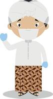 Character from Indonesia dressed in the traditional way and with surgical mask and latex gloves as protection against a health emergency vector