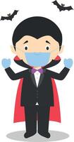 Character from Romania dressed as a vampire of Transilvania and with surgical mask and latex gloves as protection against a health emergency vector