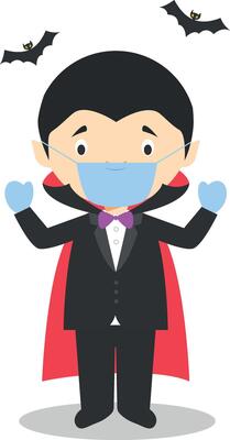 Character from Romania dressed as a vampire of Transilvania and with surgical mask and latex gloves as protection against a health emergency