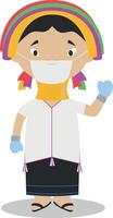 Padaung girl character from Myanmar-Kayan Tribe dressed in the traditional way and with surgical mask and latex gloves as protection against a health emergency vector