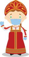 Character from Russia dressed in the traditional way and with surgical mask and latex gloves as protection against a health emergency vector