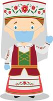 Character from Belarus dressed in the traditional way and with surgical mask and latex gloves as protection against a health emergency vector