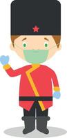 Character from Russia dressed in the traditional way and with surgical mask and latex gloves as protection against a health emergency vector
