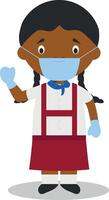Character from Cuba dressed in the traditional way and with surgical mask and latex gloves as protection against a health emergency vector