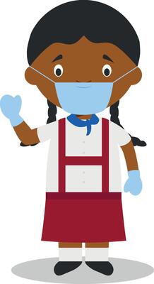 Character from Cuba dressed in the traditional way and with surgical mask and latex gloves as protection against a health emergency