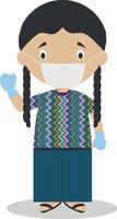 Character from Guatemala dressed in the traditional way and with surgical mask and latex gloves as protection against a health emergency vector