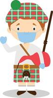 Character from Scotland dressed in the traditional way with kilt and bagpipes and with surgical mask and latex gloves as protection against a health emergency vector