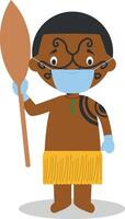 Character from New Zealand dressed in the traditional way of the Maori tribe and with surgical mask and latex gloves as protection against a health emergency vector