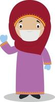 Character from Qatar dressed in the traditional way and with surgical mask and latex gloves as protection against a health emergency vector