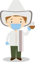 Character from Colombia dressed in the traditional way with a cup of coffee in his hand and with surgical mask and latex gloves as protection against a health emergency vector