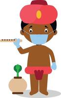 Character from India dressed in the traditional way as a snake charmer and with surgical mask and latex gloves as protection against a health emergency vector