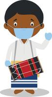 Character from Maldives dressed in the traditional way as a boduberu and with surgical mask and latex gloves as protection against a health emergency vector