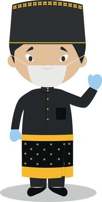 Character from Brunei dressed in the traditional way and with surgical mask and latex gloves as protection against a health emergency