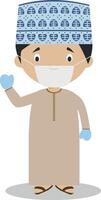 Character from Oman dressed in the traditional way and with surgical mask and latex gloves as protection against a health emergency vector