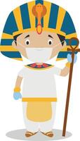 Character from Egypt dressed in the traditional way as a pharaoh of the Ancient Egypt and with surgical mask and latex gloves as protection against a health emergency vector