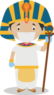 Character from Egypt dressed in the traditional way as a pharaoh of the Ancient Egypt and with surgical mask and latex gloves as protection against a health emergency