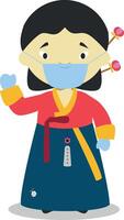 Character from South Korea dressed in the traditional way with hanbok and with surgical mask and latex gloves as protection against a health emergency vector