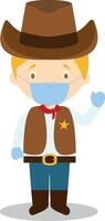 Cowboy character from USA dressed in the traditional way and with surgical mask and latex gloves as protection against a health emergency vector