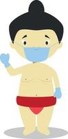 Character from Japan dressed as a sumo wrestler and with surgical mask and latex gloves as protection against a health emergency vector