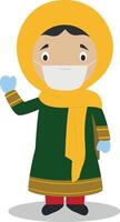 Character from Afghanistan dressed in the traditional way and with surgical mask and latex gloves as protection against a health emergency vector