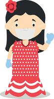 Character from Spain dressed in the traditional way as a flamenco dancer and with surgical mask and latex gloves as protection against a health emergency vector