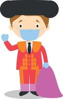 Bullfighter character dressed on red and gold and with surgical mask and latex gloves as protection against a health emergency vector