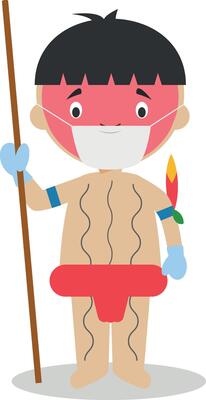 Character from Venezuela dressed in the traditional way as a Yanomami indigenous and with surgical mask and latex gloves as protection against a health emergency