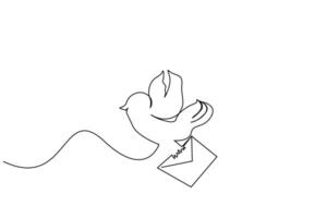 bird pigeon taking letter message flying in the air one line art design vector
