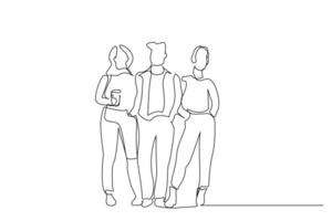 young woman male friends university friends together full body length pose one line art design vector