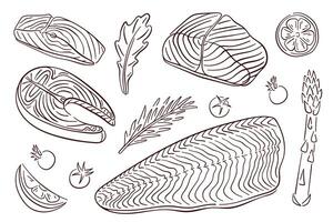 Salmon steak set in line art style. Hand drawn fish piece and fillet with vegetables. illustration isolated on a white background. vector